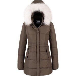 Women's Snow Puffer Jacket Coats Dark Brown Waterproof Removable Faux Trim Hood